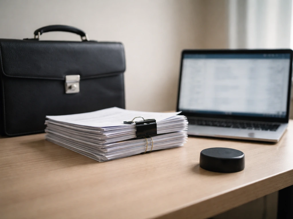 Minimal office desk scene with a briefcase, bound documents, blurred laptop, and a hockey puck.