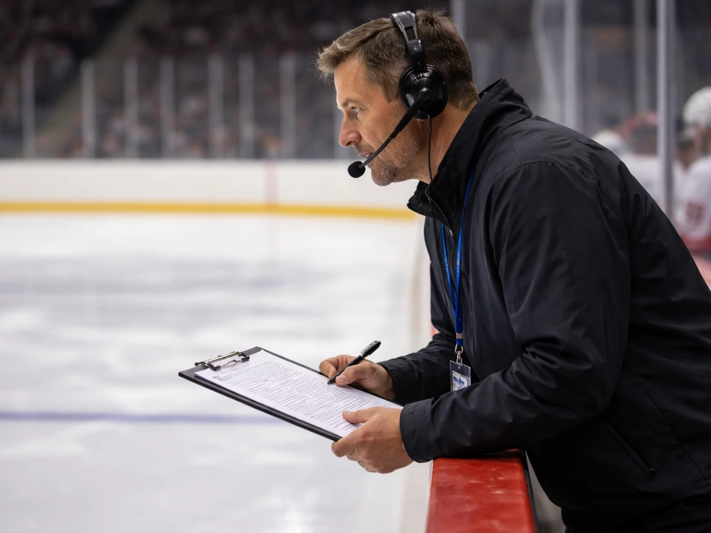 Anonymous hockey coach near the bench during practice, suggesting coaching income after retirement.