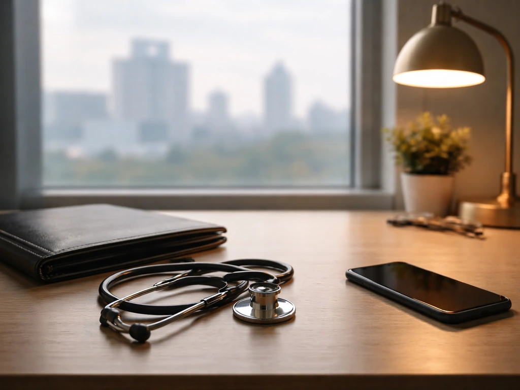 Minimal office desk scene with stethoscope and finance objects, symbolizing healthcare private equity research