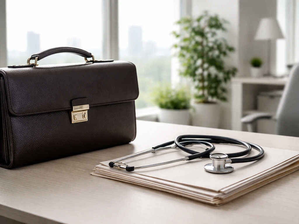 Modern healthcare finance office scene with briefcase and stethoscope, suggesting a healthcare executive profile