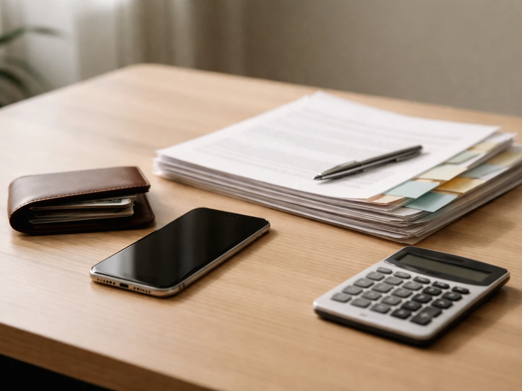 Minimal office desk scene with a phone and wallet symbols suggesting confidence in an estimate