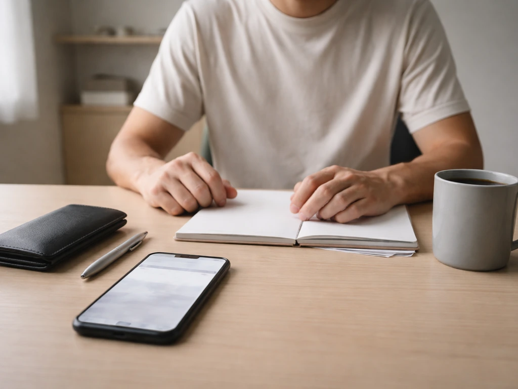 Anonymous person at an office desk with a smartphone and wallet, evoking confusing public profile searches.
