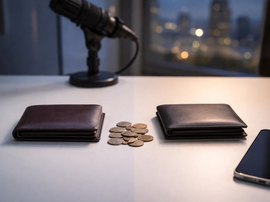 Minimal desk with coins, two wallets, and a blank smartphone beside a blurred microphone and window skyline.