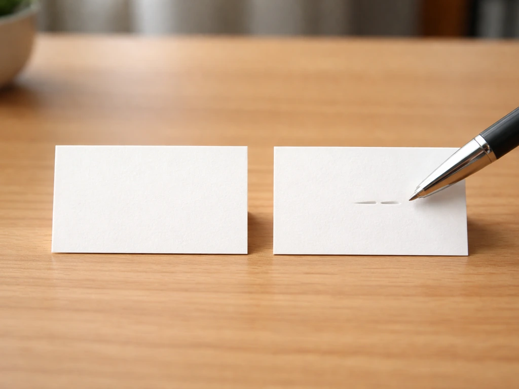 Close-up of two small name cards on a desk with one hyphenated surname highlighted by a pen