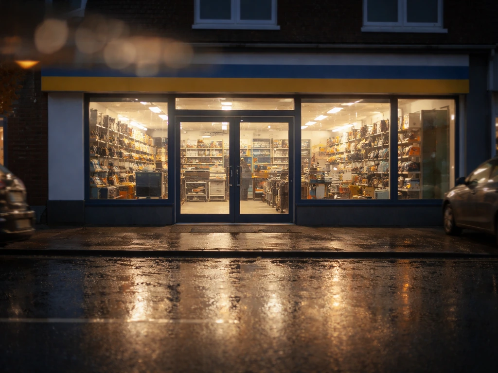 Toolstation storefront at street level with soft dusk lighting and a blurred UK city background