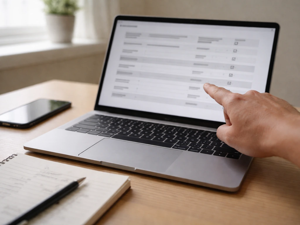 Close-up of a hand pointing at a generic record layout on a laptop during an evidence check.