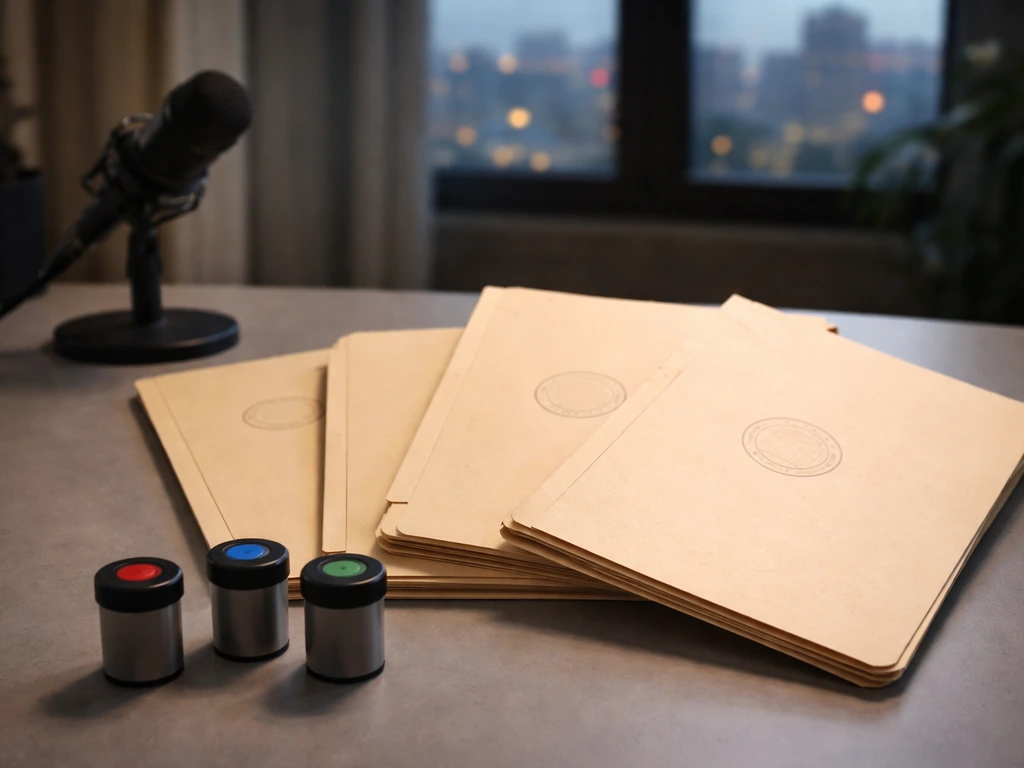 Minimal desk scene with three color-coded folders and film canisters suggesting similar-name confusion.