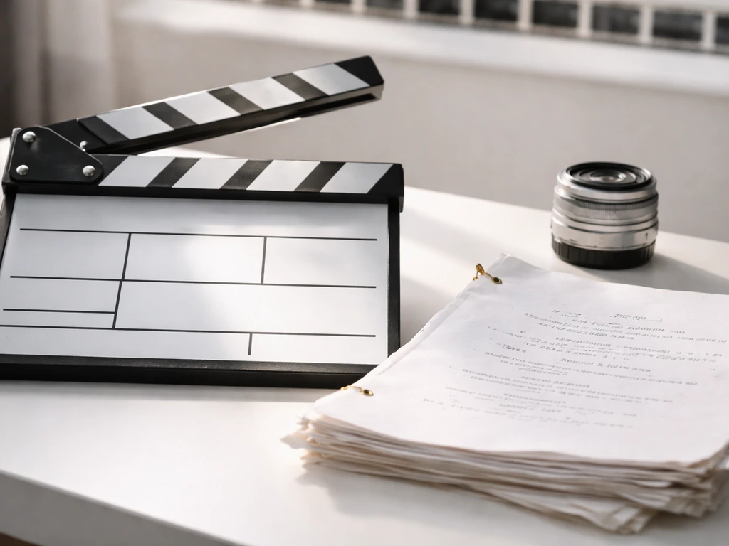 Clapperboard and screenplay pages on a studio desk, symbolizing film/TV income from past projects.