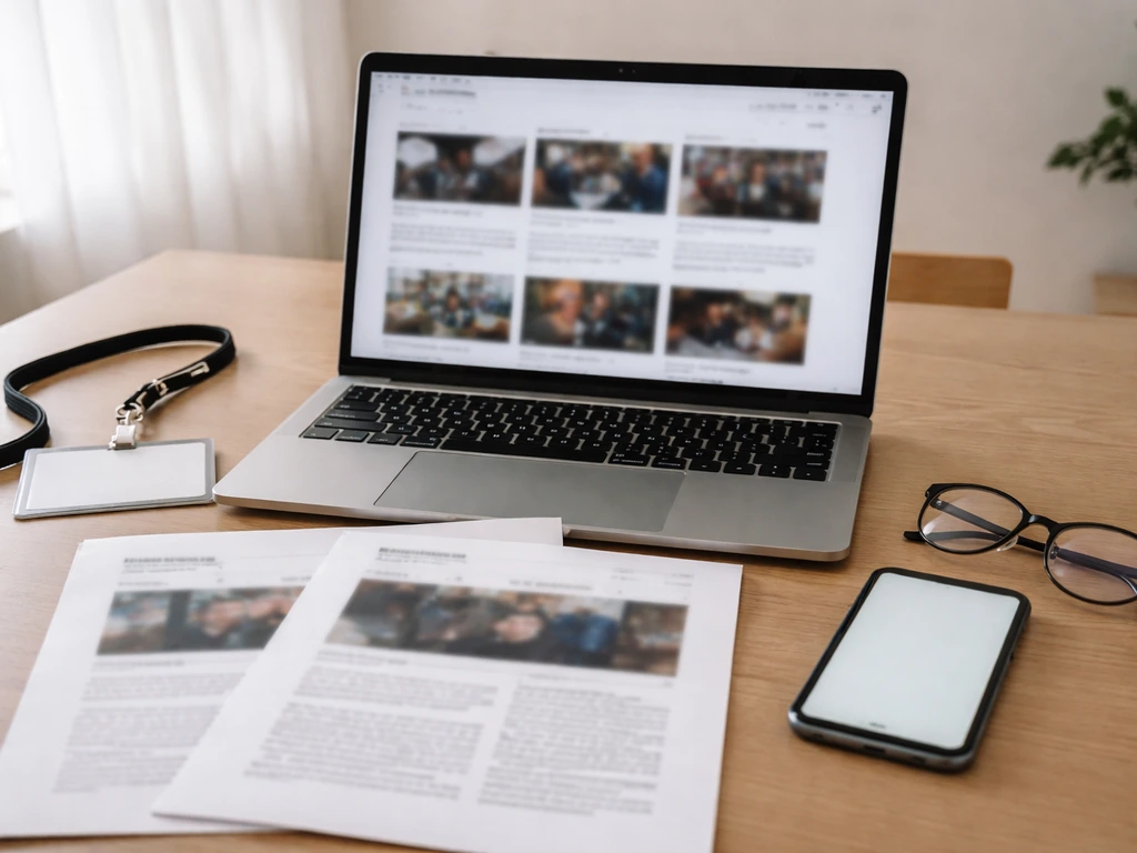 Minimal desk scene with laptop, blurred press pages, and date stamps for a media verification workflow.