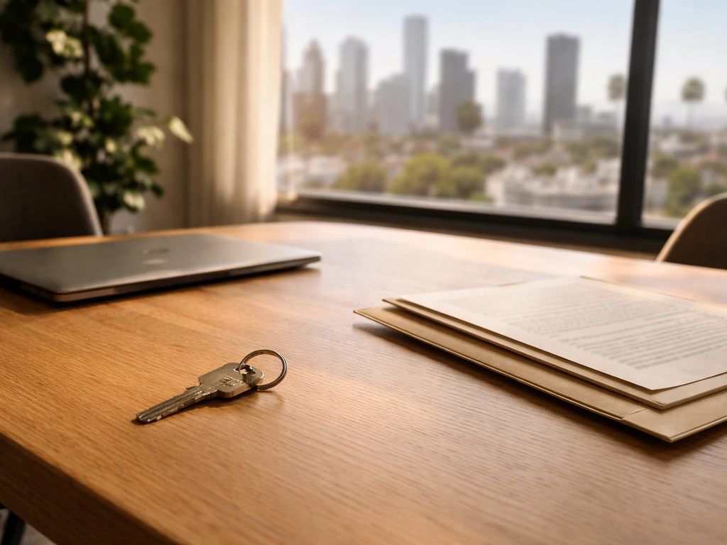 Real-estate office desk with house keys and blurred skyline through a window, no people visible.