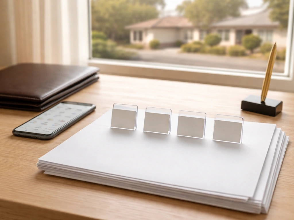 Minimal desk scene with blank documents and a subtle empty timeline concept near a sunny window.