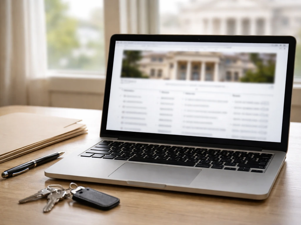 Close-up of a laptop showing blurred courthouse and property-record search results on a desk