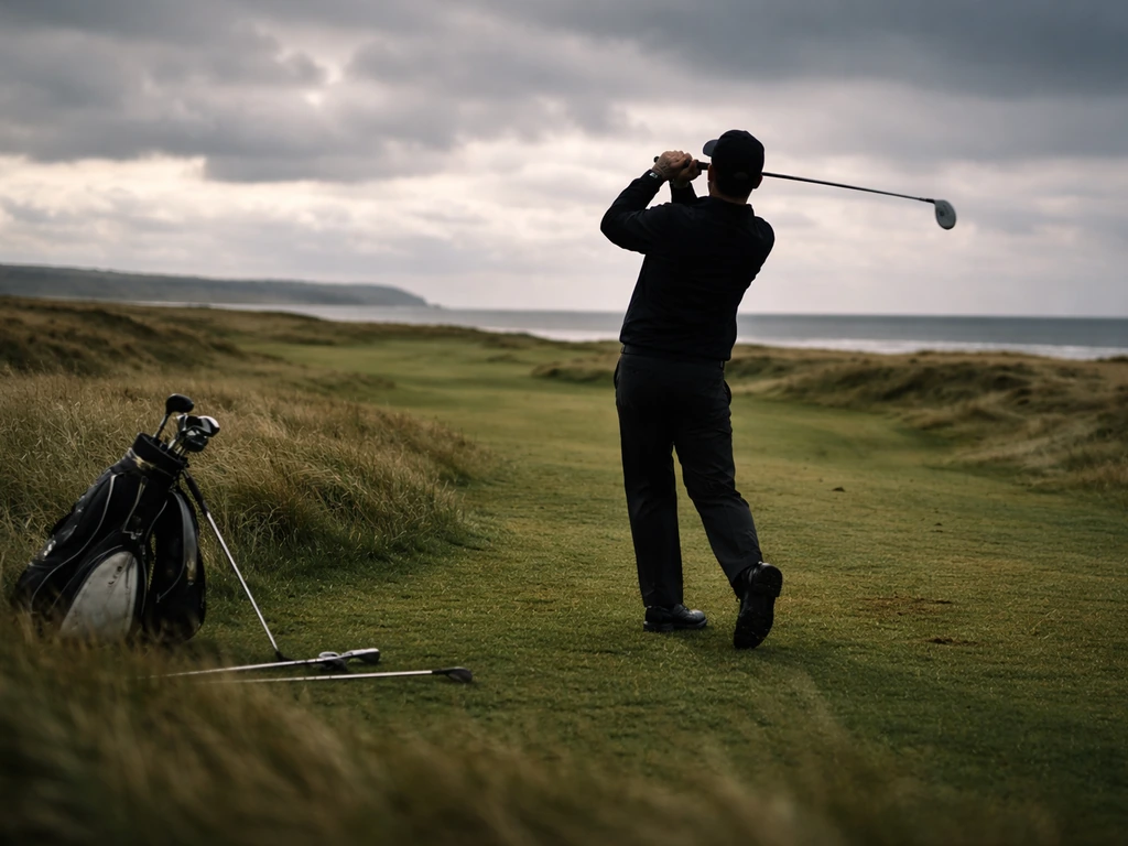 Golf championship ambiance with an anonymous player silhouette and dramatic Royal Troon–style coastline backdrop