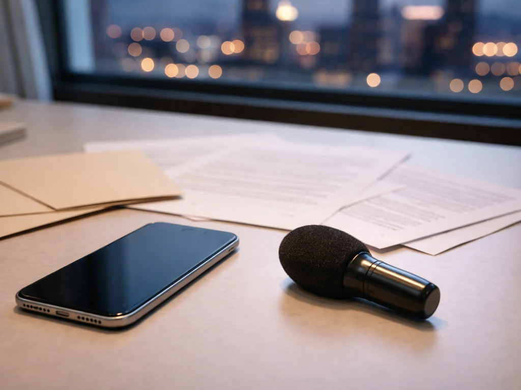 Minimal photo of a desk with phone, microphone, and documents symbolizing layered net-worth estimation