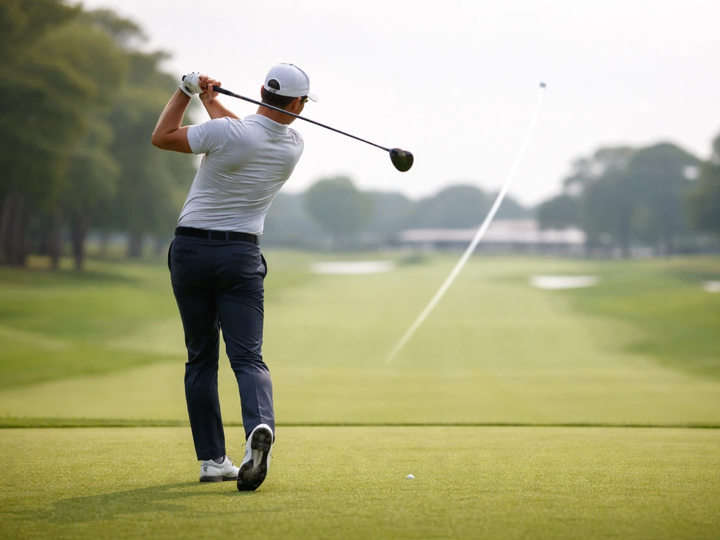 Anonymous golfer swinging on a PGA Tour Champions-style fairway, fairway and trees in soft background.