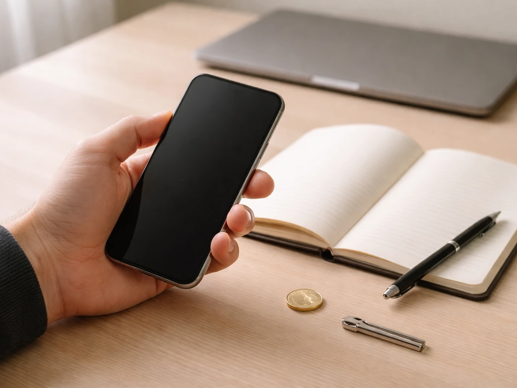 Hand holding a smartphone over a quiet desk with a notebook and pen, symbolizing net-worth research steps.