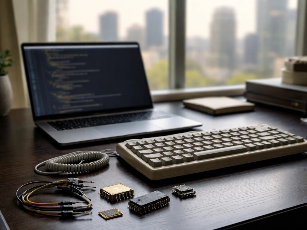 Engineering-themed office desk with tech components and blurred laptop, symbolizing the right tech identity.