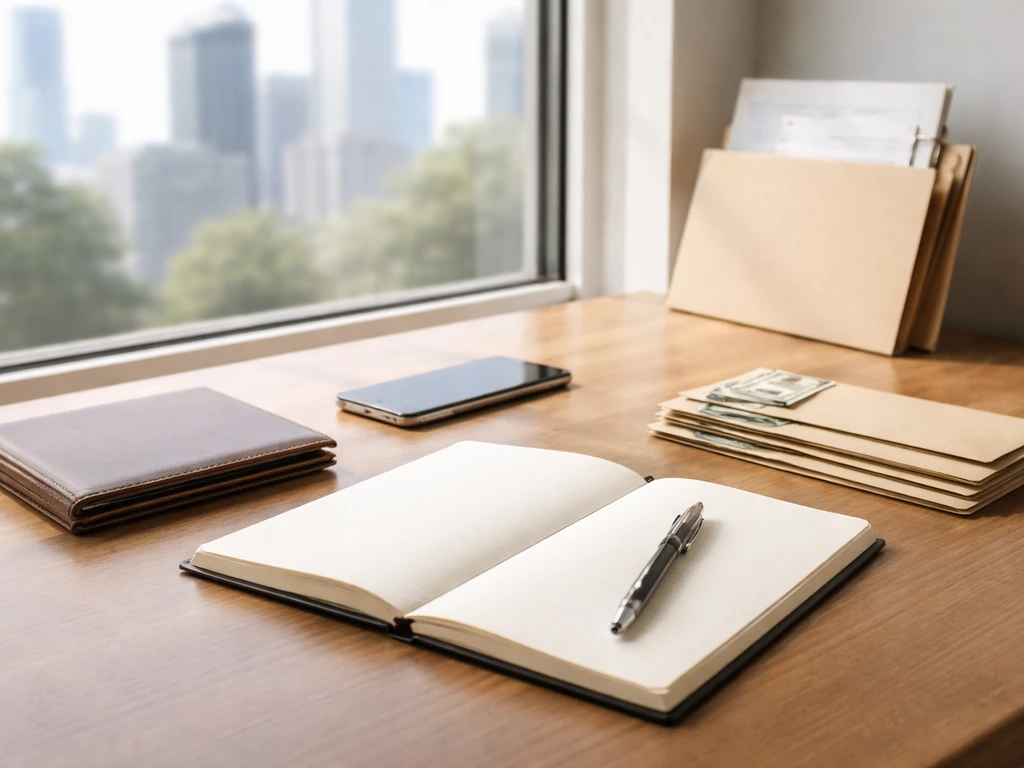 Minimal business desk scene with portfolio, notebook, pen, and money envelopes symbolizing a net worth breakdown.