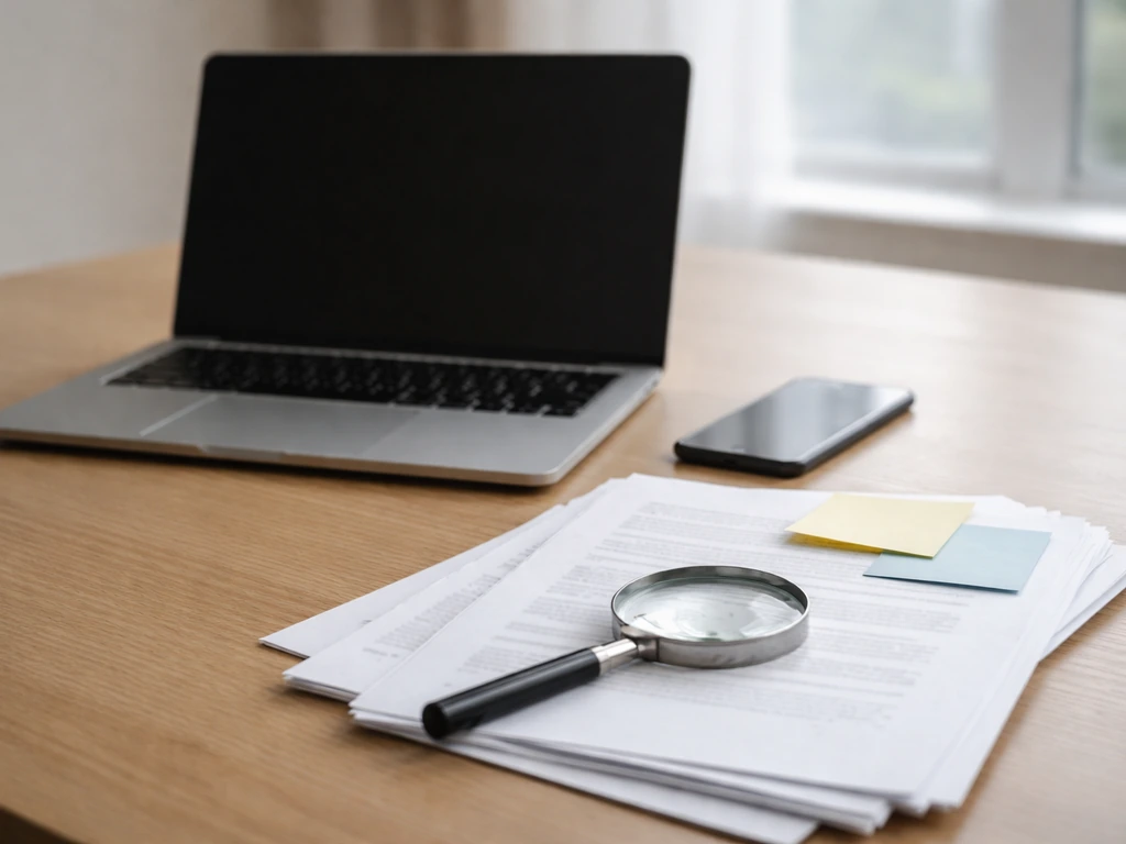 Desk with laptop, phone, and magnifying glass over printed pages suggesting cross-checking sources.