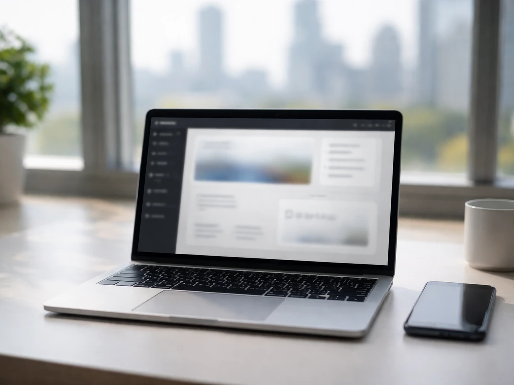 Laptop on a desk with blurred finance-style website UI, symbolizing automated wealth estimates.
