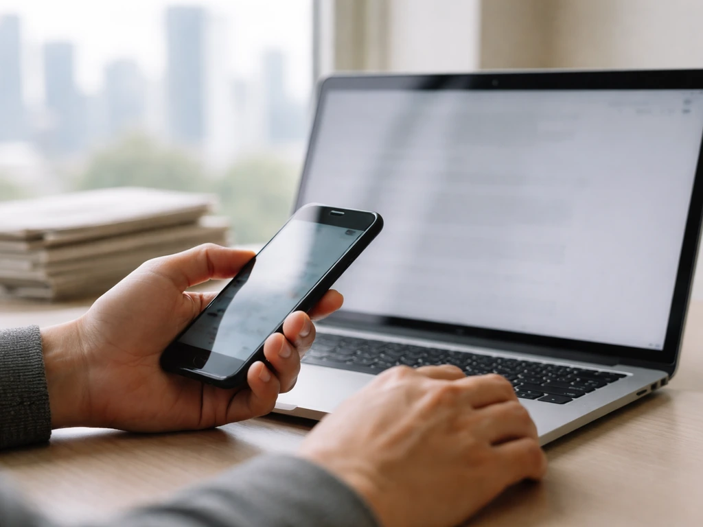 Person using a laptop and smartphone with blurred media feeds, symbolizing fact-checking a net worth figure