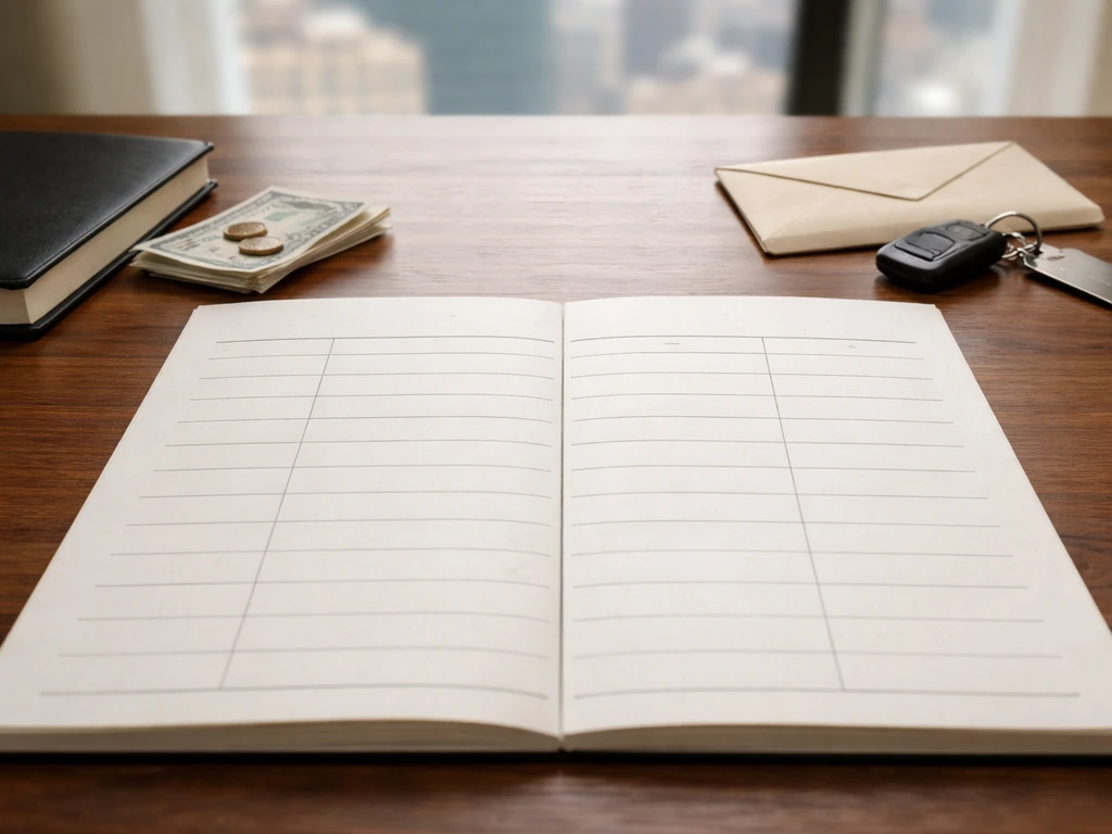 Minimal photo of a two-column ledger desk scene showing assets versus liabilities with coins and keys.