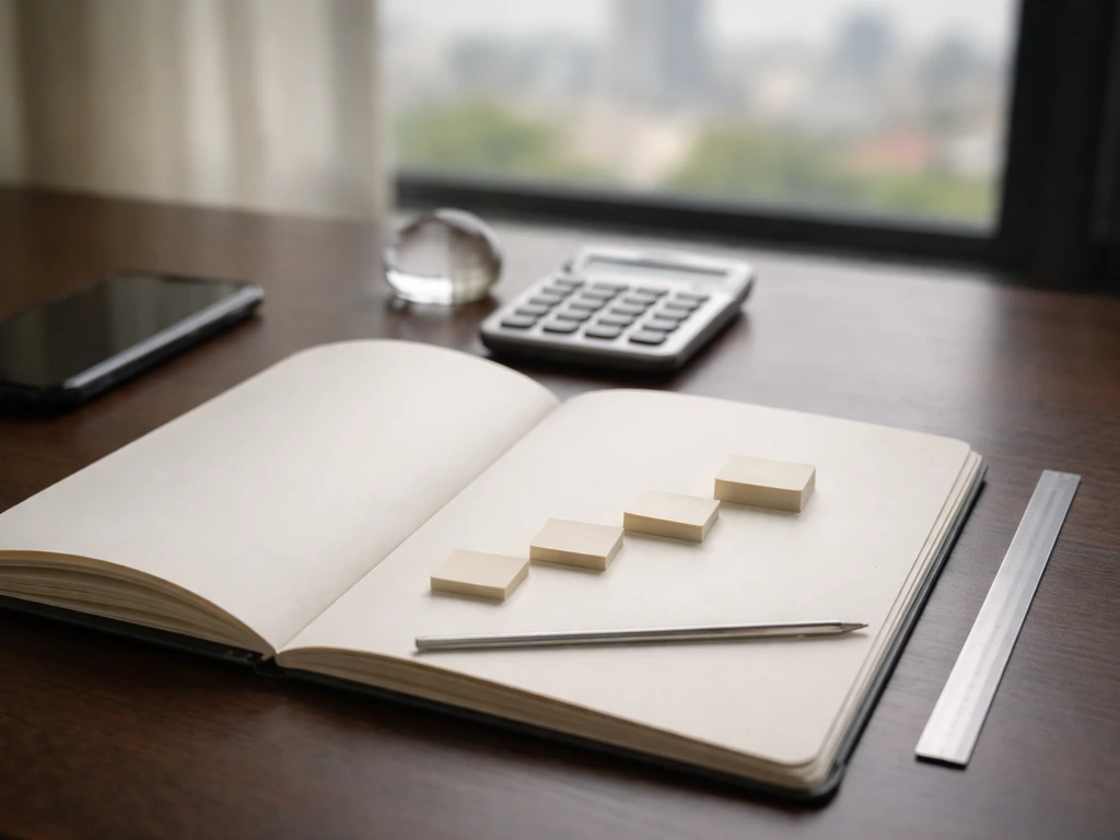Desk scene with calculator and a subtle upward stair-step of blank tabs symbolizing regular growth