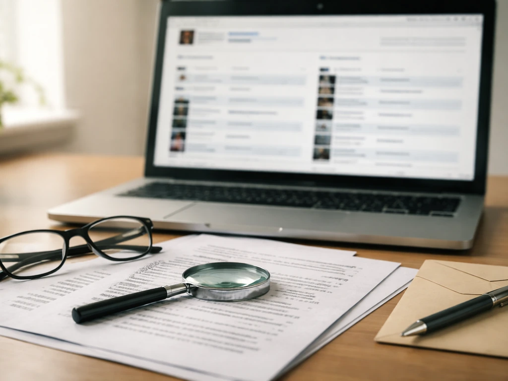 Close photo of an open laptop with a media page on screen and a magnifying glass over documents, symbolizing identity ch