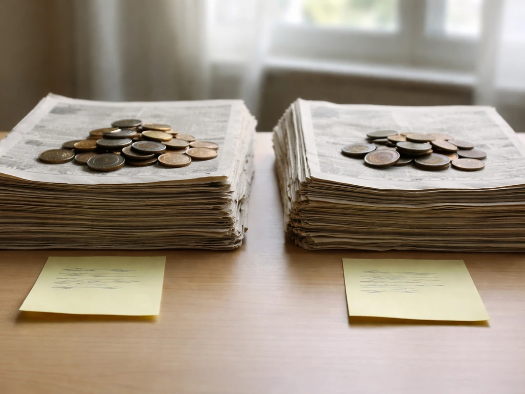 Two contrasting stacks of newspapers and coins on a desk, suggesting skepticism about published net worth figures