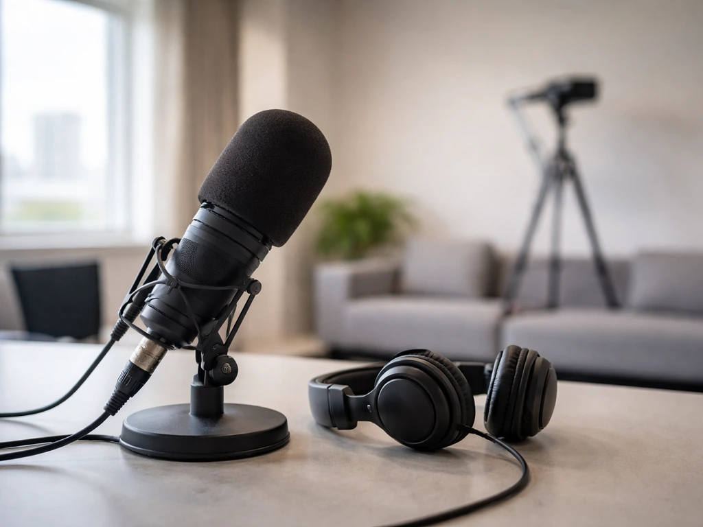 Unbranded microphone and headphones on a desk in a minimal TV studio newsroom setting.