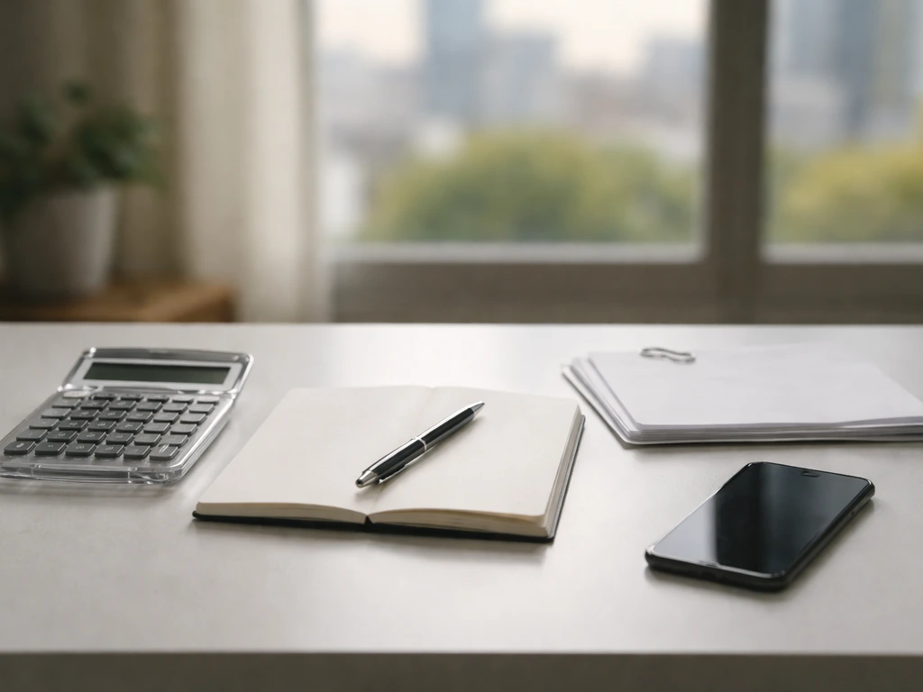 Minimal photo of a tidy desk with calculator, notebook, and financial documents arranged for net-worth estimation