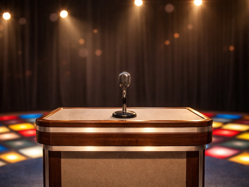Late-1980s TV game show set with an empty podium and vintage microphone under warm studio lights