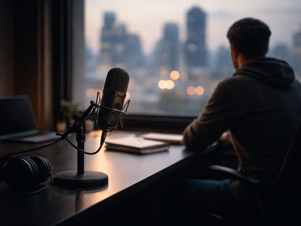 Minimal photo of a businessman at a studio desk with a microphone and blurred city skyline at dusk.