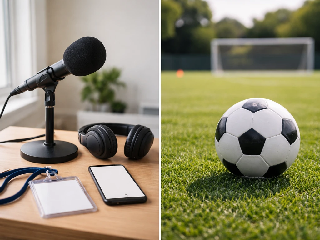 Split-screen style photo showing a talent-management desk setup versus a football-themed training space