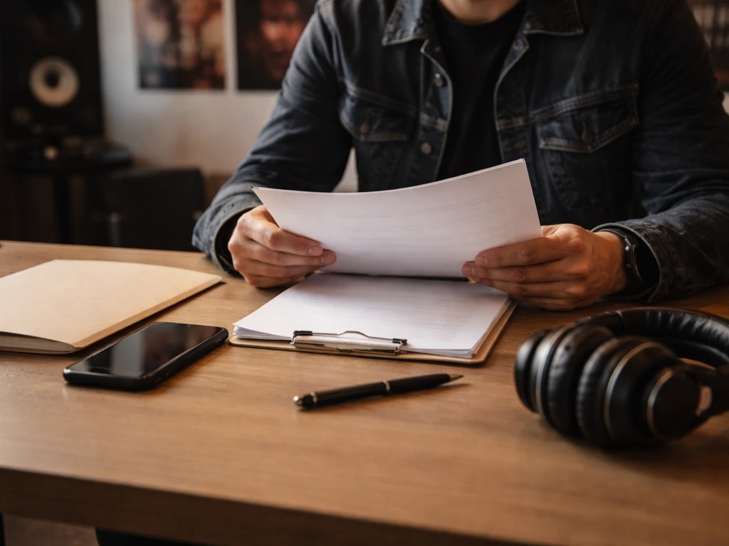 Music talent manager desk with a simple music contract folder and scattered handwritten notes, no text.