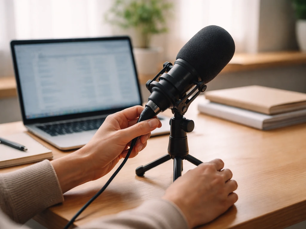 Hands adjusting a microphone in a minimal media studio desk setup with a blurred laptop and folders.