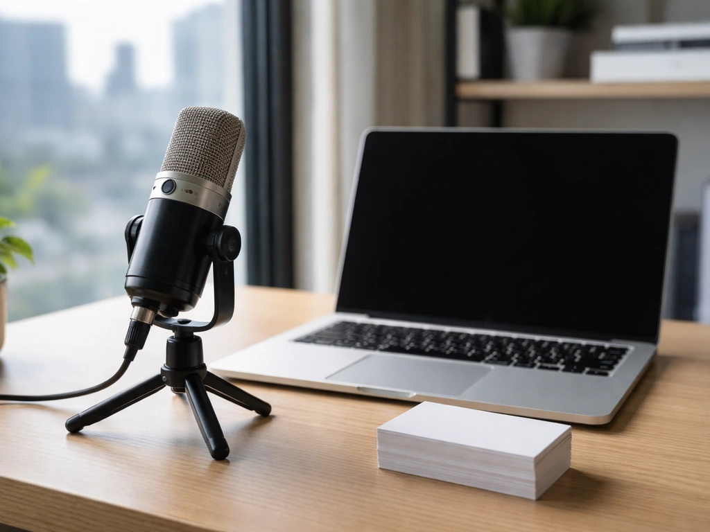 Close-up of a microphone and business essentials on an office desk near a window, no person visible.