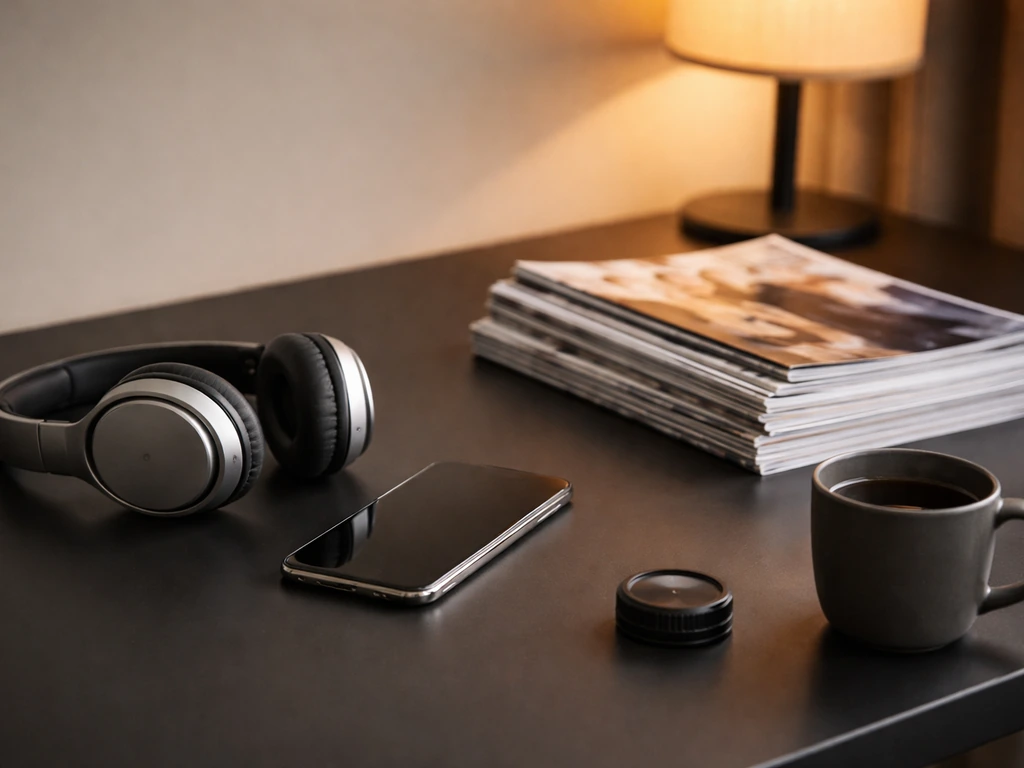 Minimal photo of a studio desk with headphones, fashion magazines, and a smartphone near a dark coffee cup
