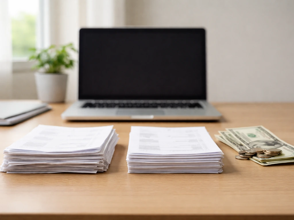 Minimal desk scene with scattered money props and two mismatched receipts suggesting differing net worth estimates
