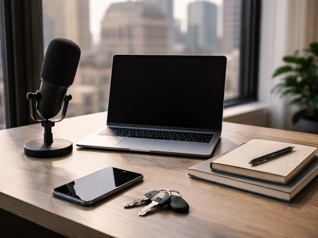 Minimal desk scene with studio microphone and laptop, symbolizing entrepreneurship and business verification.