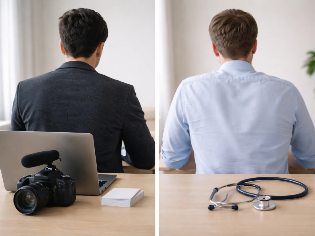 Two anonymous desk scenes side-by-side: startup gear vs a stethoscope, suggesting different identities.
