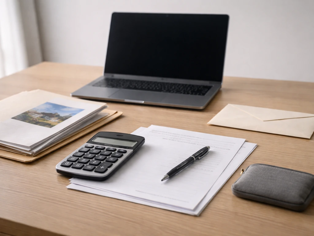 Minimal photo of a desk with scattered documents, a pen, and a calculator symbolizing assets minus liabilities