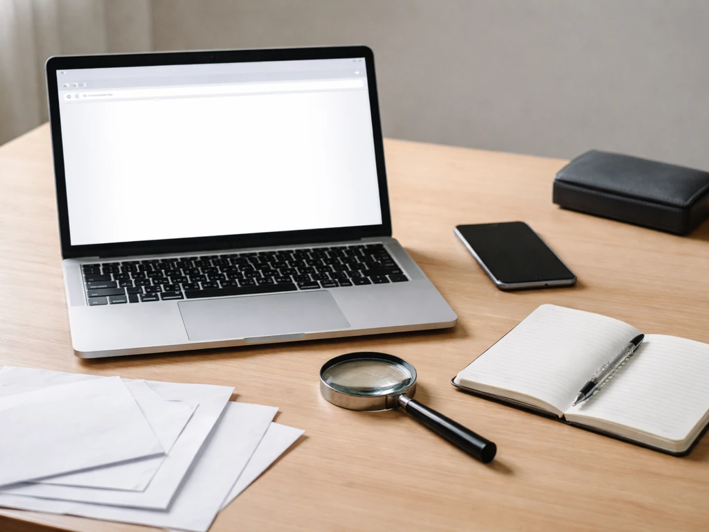 Minimal desk scene with laptop, magnifying glass, and phone symbolizing verification of business updates.