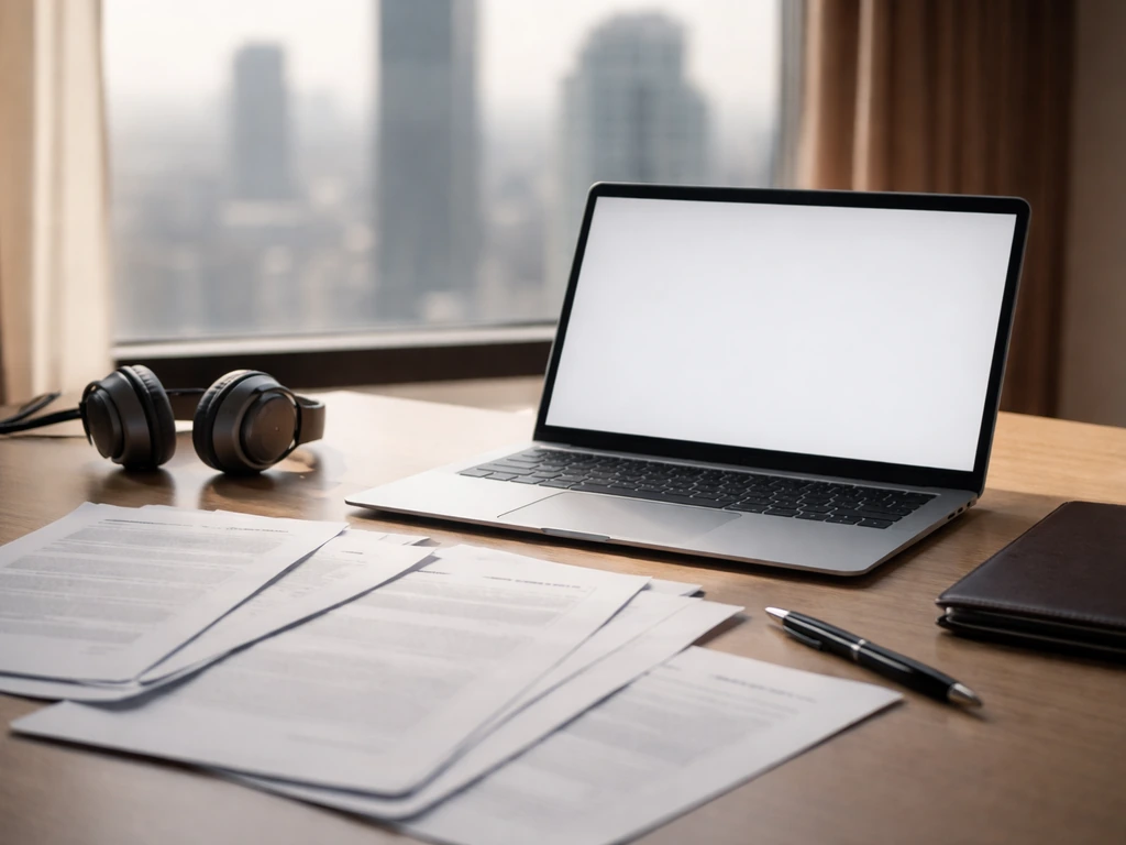 Minimal office scene with an open laptop, documents, and a sleek pen implying M&A finance analysis.