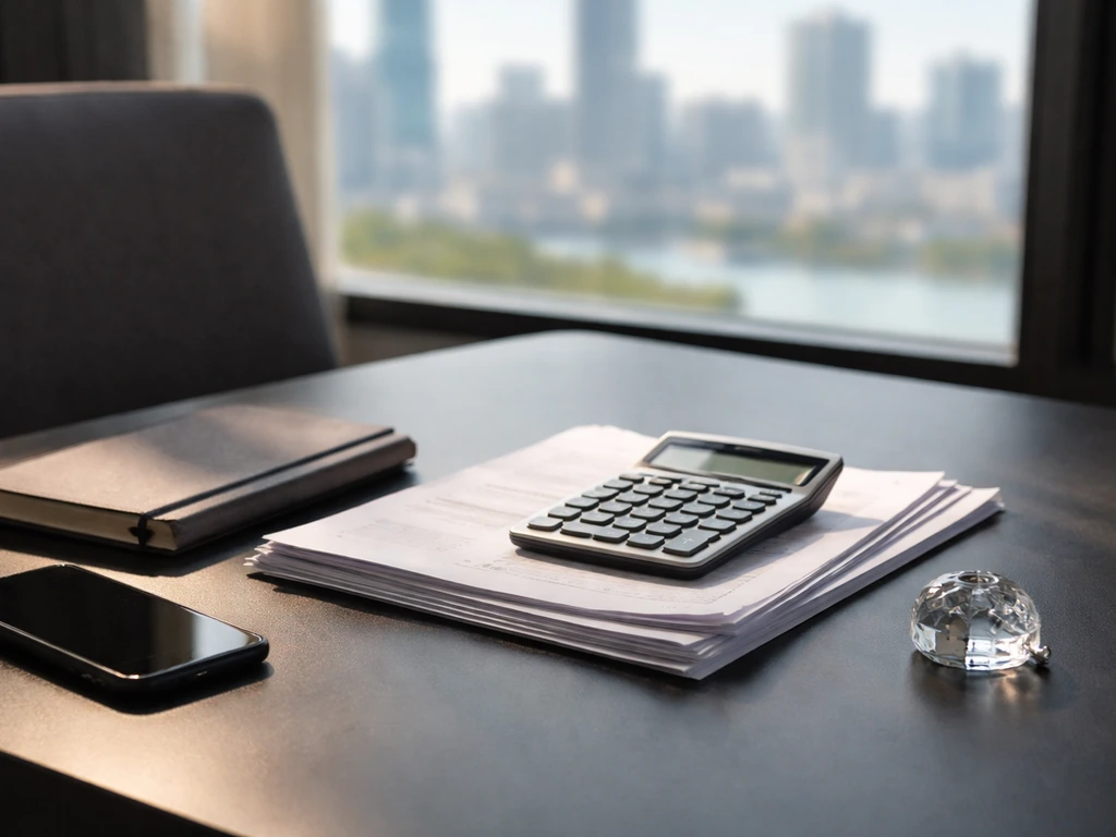 Minimal office desk with calculator and papers beside a city-window view, symbolizing estimate inputs.