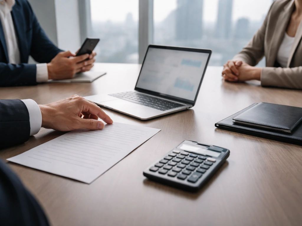 Anonymous advisors in a quiet boardroom reviewing blank documents and using a calculator to model deal fees.