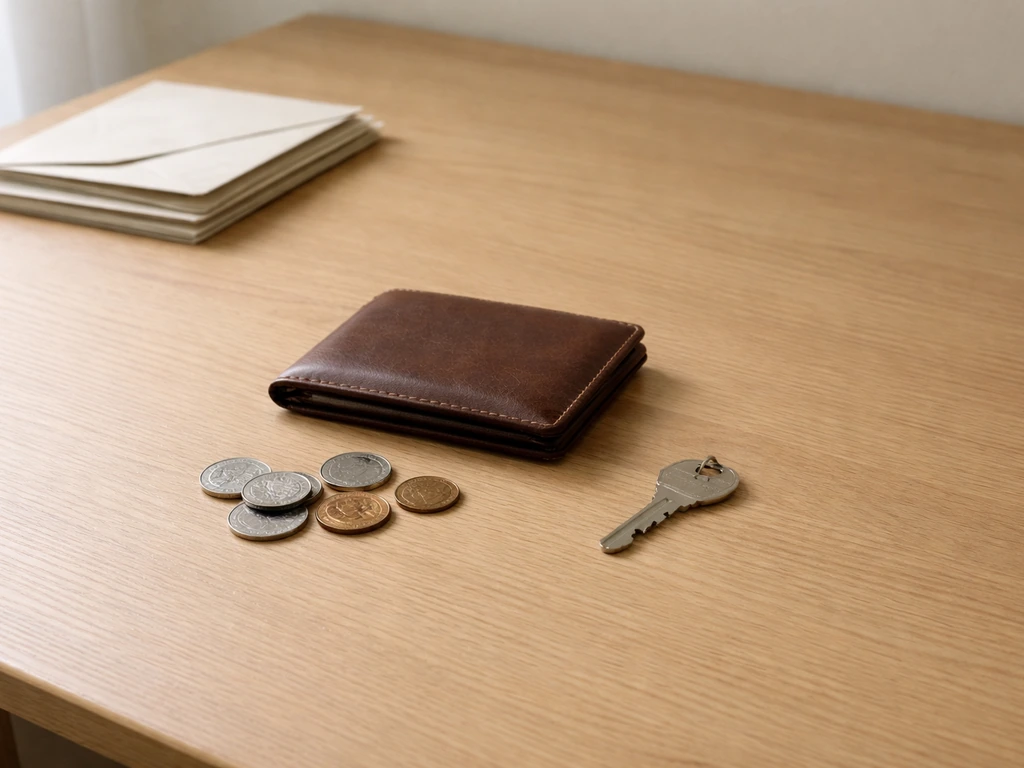 Minimal desk scene with scattered coins and papers, symbolizing assets vs liabilities without any text