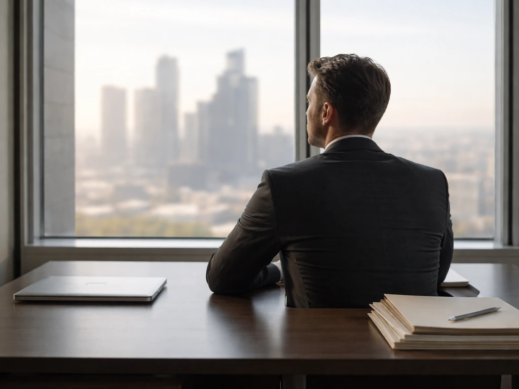 Anonymous business leader in a modern office, suit and desk by a window, minimal leadership mood.