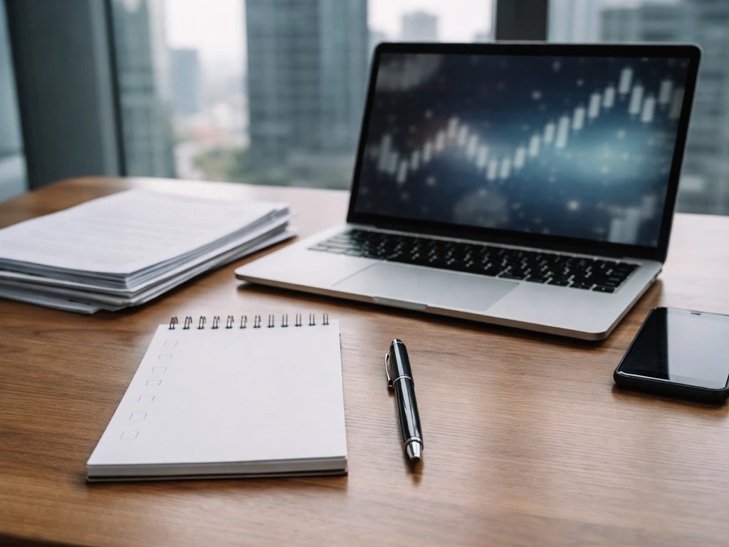 Minimal desk scene with checklist pad, laptop showing finance-style visuals, and pen for verifying an estimate.