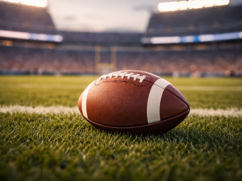 American football resting on grass with a softly blurred stadium background, evoking NFL money and career themes.